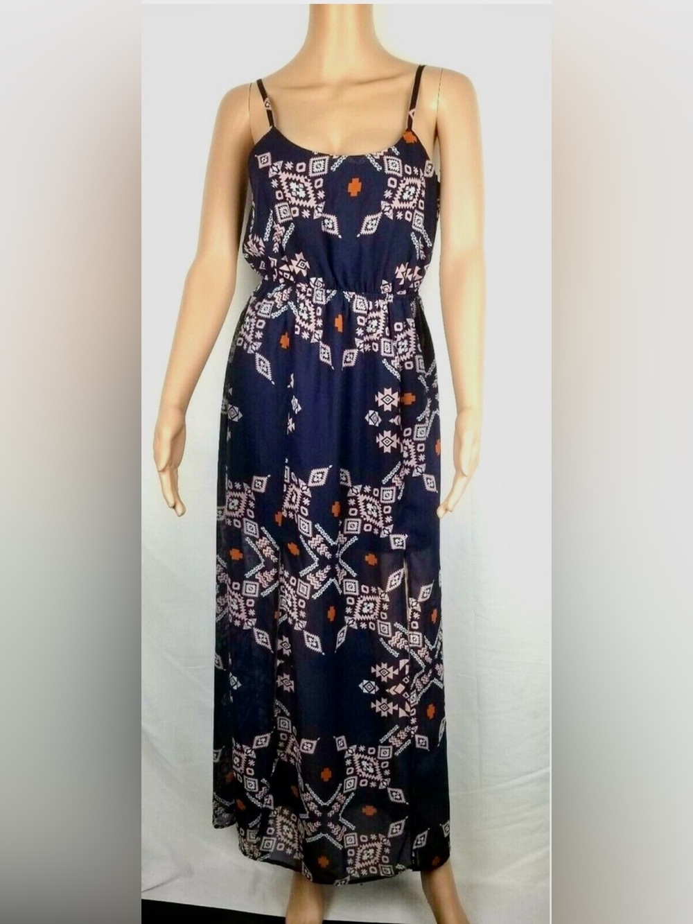 Fire Los Angeles Navy Geometric Tribal Print Maxi Dress Size Small
